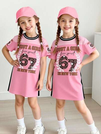 Digital Print Racing Suit, Purple & Black Contrast Print, Tween Girls Short Sleeve T-Shirt Dress, Fashionable Casual, Suitable For Spring & Summer