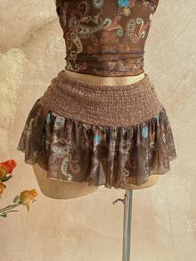 Soleia Women's Vacation Cashew Print Cropped Halter Top And Mini Skirt Fashion Set - Khaki - View 4