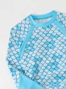 SHEIN 2件組青少年女孩美人魚鱗紋印花坦基尼套裝與髮帶，保守式長袖長褲泳裝，青少年女孩海灘穿搭套裝，女孩長袖泳衣，青少年女孩泳裝，女孩長袖運動裝，夏季假期 - 藍色 - 查看 4