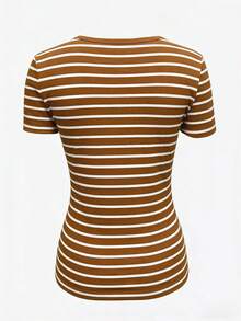 Glimmora Áo thun nữ cổ chữ V kẻ sọc, dáng ôm, thích hợp mặc hàng ngày. - Màu nâu Sô-cô-la - Xem 2