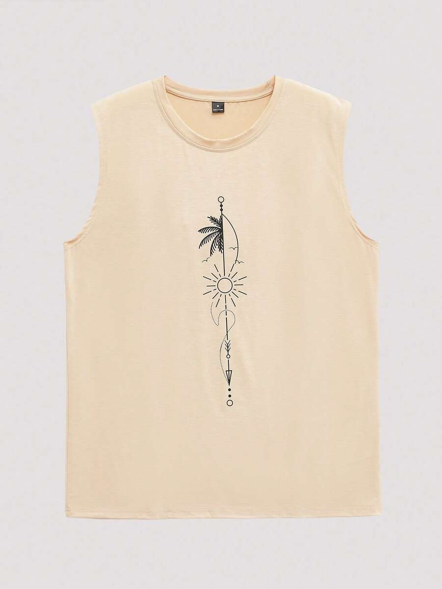 Open Phase 男士休闲太阳印花无袖背心，夏季 - 卡其色 - 查看 1