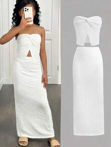 Girlism Tween Girl Summer White Knit Textured Cropped Camisole And Bodycon Mini Skirt Set - White - View 6