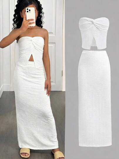 Girlism Tween Girl Summer White Knit Textured Cropped Camisole And Bodycon Mini Skirt Set