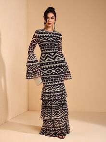 JIAN LASALA Vestido bohemio de mujer con cuello redondo, mangas acampanadas y estampado total de malla, para vacaciones y uso casual - Multicolor - Ver 6