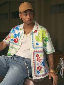 AXEPEAK 男士时尚街头风印花短袖衬衫 - 彩色 - 查看 4