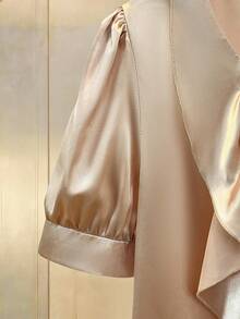 Lyxana Women's Solid Color Faux Pearl Decor Asymmetric Collar Puff Sleeve Elegant Blouse - Apricot - View 6