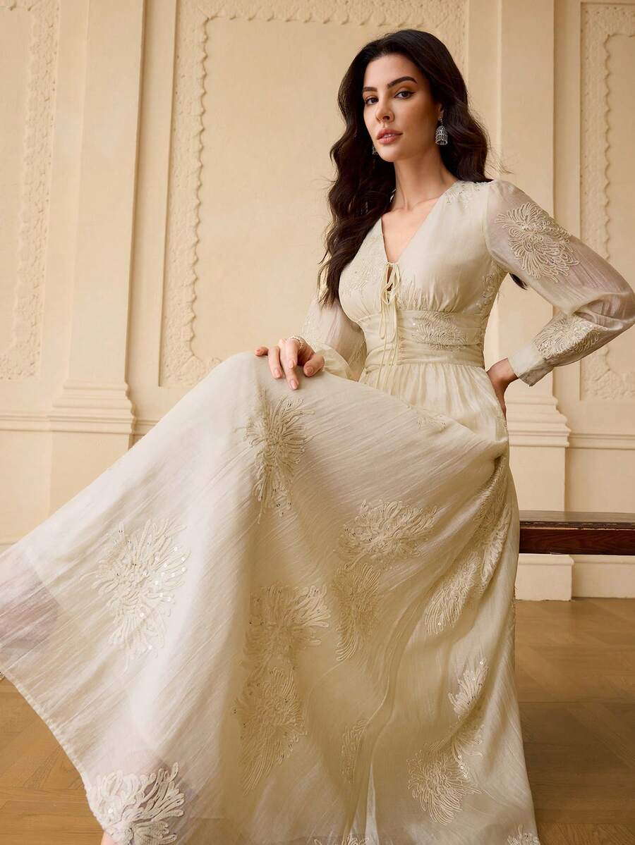 ZEYLAH WOMEN'S ELEGANT Sexy FLORAL EMBROIDERED FITTED WAIST DRESS Golf White Autumn - Apricot - View 1
