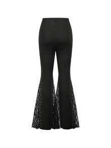 Levarali Damen Schwarze Herbst Klassisch Elegant Party Spitze Strass Schlaghose, Einfarbig Glockenform Petite Business lässig Arbeits Stilvoll - Schwarz - Übersicht 2
