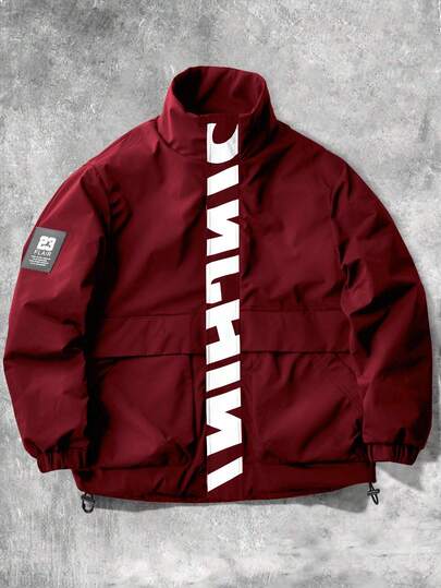 Aesthetic Post Chaqueta casual para hombres de talla grande, cuello alto, gran estampado gráfico, diseño deportivo, versátil, adecuado para parejas jóvenes, vintage, vacaciones, "Amo a mi novio", talla grande