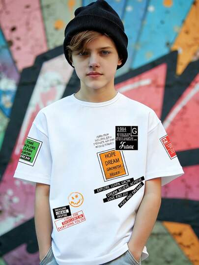 SHEIN Teenage Boy Slogan Print Round Neck Short Sleeve Casual Versatile T-Shirt