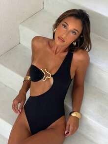 Aloruh Black One-Shoulder Bodysuit For Women,Metallic Embellishments Fitted Cut,Seksi Chic Summer Club Nightclubs Music Festivals Y2K Bohemian Outfits - Black - View 1