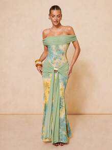 Lumalex Vestido de sirena elegante y sexy para vacaciones con diseño ajustado de cintura, hombros descubiertos y decoración de hebilla metálica, primavera/verano - Multicolor - Ver 10