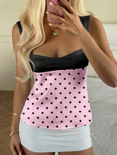 CovetEZ Áo hai dây dự tiệc/mở lưng, thắt nơ, chất liệu satin bóng màu hồng chấm bi phối màu tương phản, dành cho nữ, kiểu dáng ngọt ngào, thường ngày, chất liệu satin, mới năm 2026.