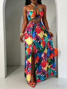 Glyssa Đầm nữ in hoa gợi cảm cổ yếm chéo lưng hở khoét eo thắt bèo nhún xẻ tà dáng ôm vừa vặn, thích hợp cho kỳ nghỉ biển. - Nhiều màu - Xem 6