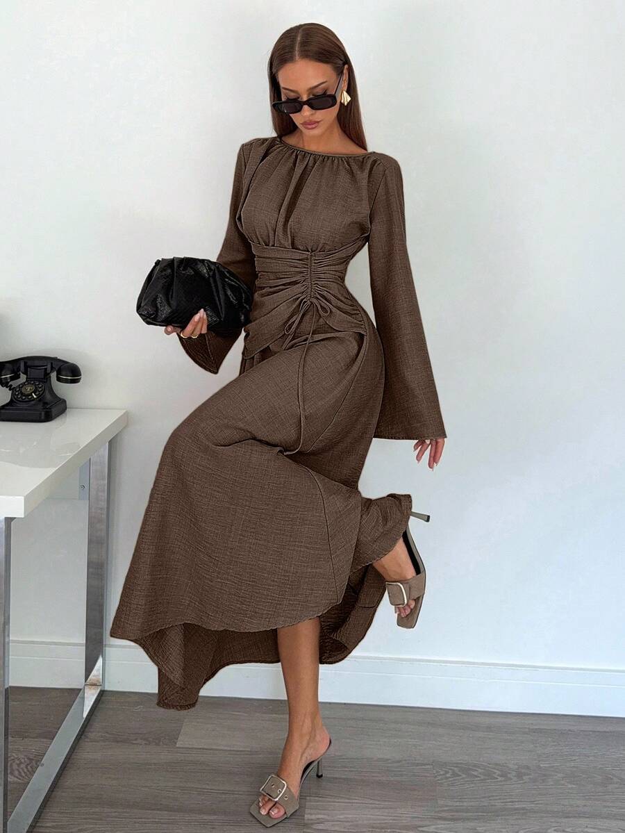 Siren Gaze Women's Solid Color Pleated Drawstring Casual Long Sleeve Dress - Brown - View 1