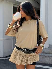 Muchica Women's Fashion Light Beige Summer Elegant Brunch Apricot Color-Blocking Lace Loose Short Sleeve T-Shirt,Y2K Fashion Lace Trim Blouse,Summer Top - Apricot - View 4