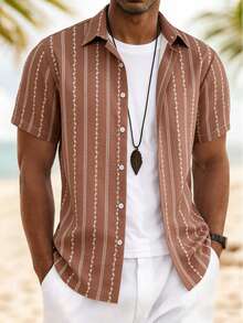 Manfinity RSRT Áo sơ mi nam bằng vải lanh mỏng nhẹ với họa tiết thêu, thích hợp cho mùa xuân/hè. - Màu Khaki - Xem 5