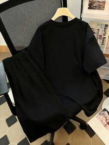两件套青少年男童休闲字母印花短袖T恤和短裤套装 - 彩色 - 查看 2