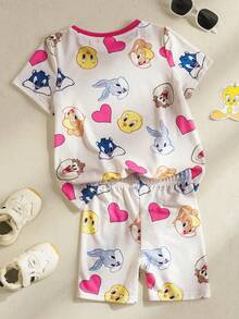 LOONEY TUNES X SHEIN Young Girl Casual Cute Cartoon Print Round Neck Short Sleeve T-Shirt And Shorts Set, Summer - Multicolor - View 2
