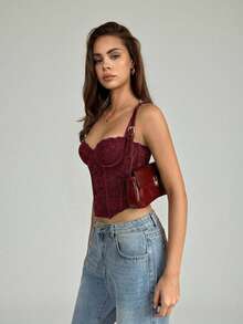 SHEIN Tall 性感蕾丝透视吊带背心，派对装扮，约会装，通勤装，可爱抹胸，性感夜店上衣，束身胸衣，无肩带上衣，外出上衣，夏季上衣，可爱上衣，女士夏季穿搭，蕾丝上衣，束身胸衣，秋冬叠穿 - 酒紅色 - 查看 4