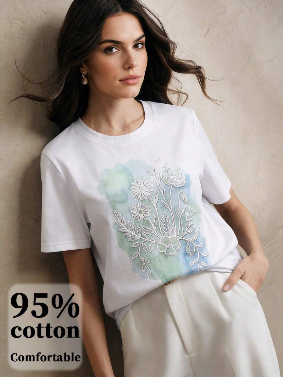 Anewsta 女士优雅俏皮印花T恤,适合日常通勤 - 白色 - 查看 1