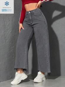 SHEIN Unity Celana Jeans Wanita Model Lebar dengan Saku dan Kancing, Kasual, Serbaguna untuk Pemakaian Sehari-hari - Light Grey - View 5