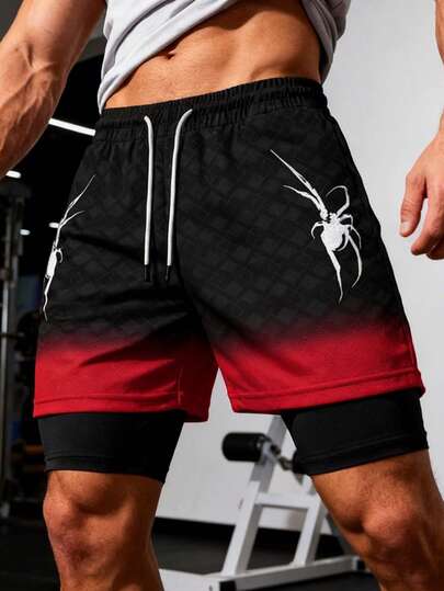 GymBeat Men's Ombre Spider Print Double-Layer Sports Shorts