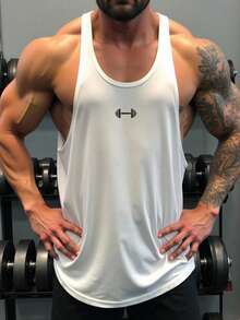 GymBeat 男士杠铃印花休闲百搭日常穿着及运动T恤 - 白色 - 查看 5