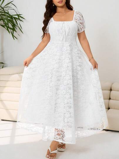 Solflare Plus Size Women's Elegant Vacation Style White Sheer Lace Square Neck Petal Sleeve Cinched Waist Dress