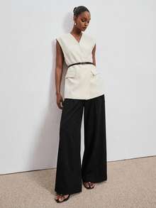 ATUI Studio Colete Feminino Sem Mangas com Decote em V e Amarração na Cintura, Colete Casual Minimalista de Cor Sólida, Camada Diária para Primavera e Verão para Escritório, Trabalho e Saídas - Caqui - Visão 1