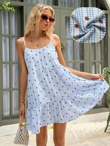 MainGRL 2026春夏新款格子可爱樱桃印花休闲度假无袖迷你连衣裙，适合野餐、度假、音乐节、春季郊游、日常休闲穿着 - 粉色 - 查看 1