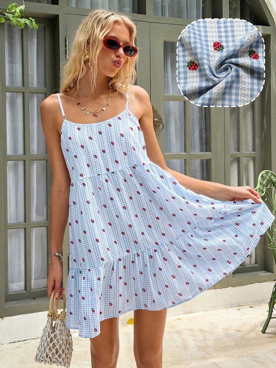 MainGRL 2026春夏新款格子可爱樱桃印花休闲度假无袖迷你连衣裙，适合野餐、度假、音乐节、春季郊游、日常休闲穿着 - 粉色 - 查看 1