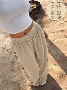 Muchica Women's Casual Seashell Print Loose Pants, Vacation Style - Apricot - View 3