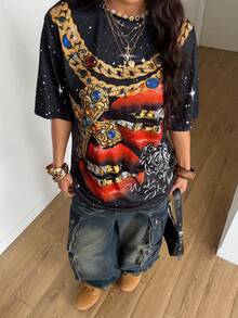 Coolane 女士圆领宽松印花短袖T恤，夏季 - 黑色 - 查看 5