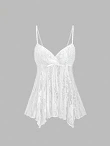 SHEIN Sweetro 女士甜美性感风白色蕾丝拼接吊带背心，不对称下摆，春夏款 - 白色 - 查看 2