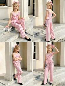 SHEIN Tween Girls Striped Cap Sleeve Casual Tank Top Set, Summer - Pink - View 6