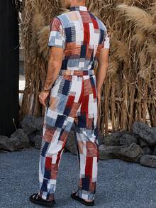 VENTUSAIL 男士休闲格纹连体裤，采用轻盈透气的亚麻面料，宽松版型，腰部抽绳设计，适合四季穿着，可用于海滩和户外运动，简约风格，面料柔软…… - 彩色 - 查看 2