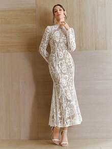 Anewsta 夏季度假轻盈连衣裙，镂空长袖水溶蕾丝性感V领露背修身鱼尾裙摆优雅派对礼服，女士 - 白色 - 查看 6