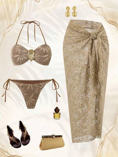 Swim Oasis 2026新款春夏女士三件套泳装，包括泳衣、泳裤和裙子，采用特殊面料，打造优雅休闲的海滩度假风泳装套装。