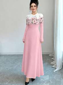 Modelyn Gaun Maxi A-Line Lengan Panjang Leher Bulat Motif Gradien Bunga Elegan untuk Wanita, Musim Semi - MultiWarna - View 6