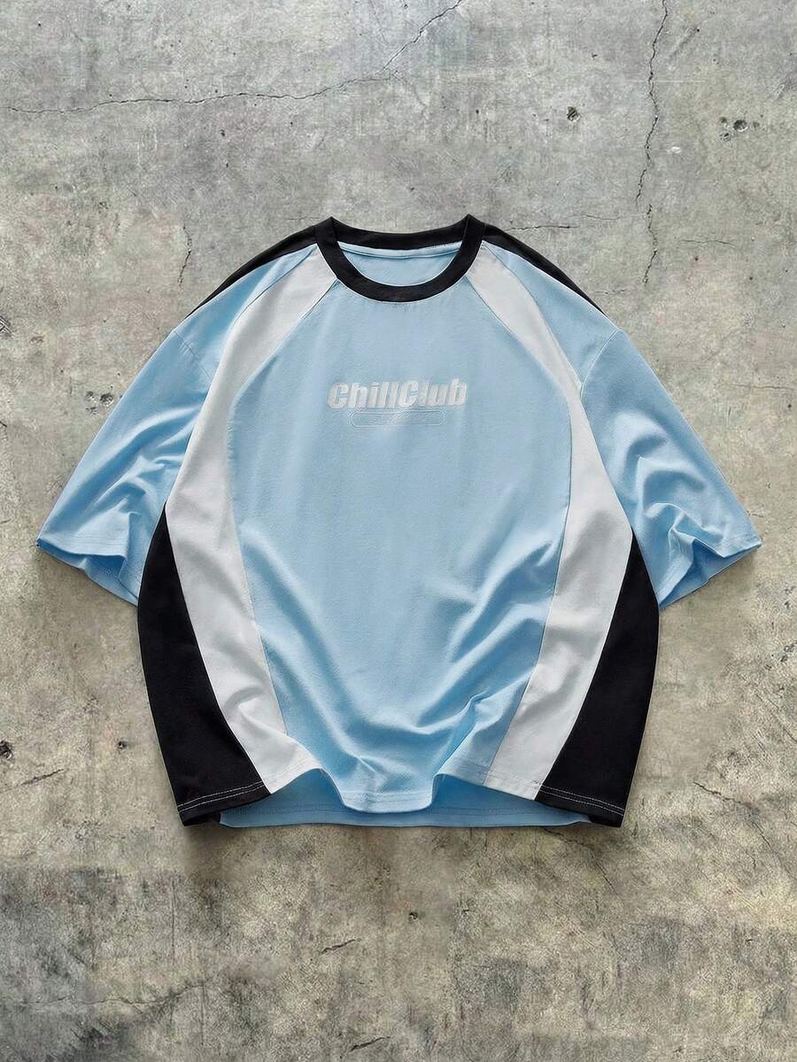 AXEPEAK Men's Casual Colorblock Letter Graphic Round Neck Short Sleeve T-Shirt, Summer - Baby Blue - View 1