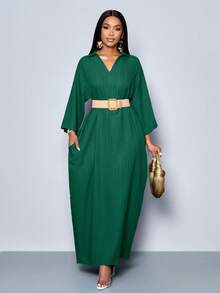 SOLERSUN 女士时尚V领宽松蝙蝠袖无腰带连衣裙，适合假日穿着，女士长款套装 - 墨綠色 - 查看 7