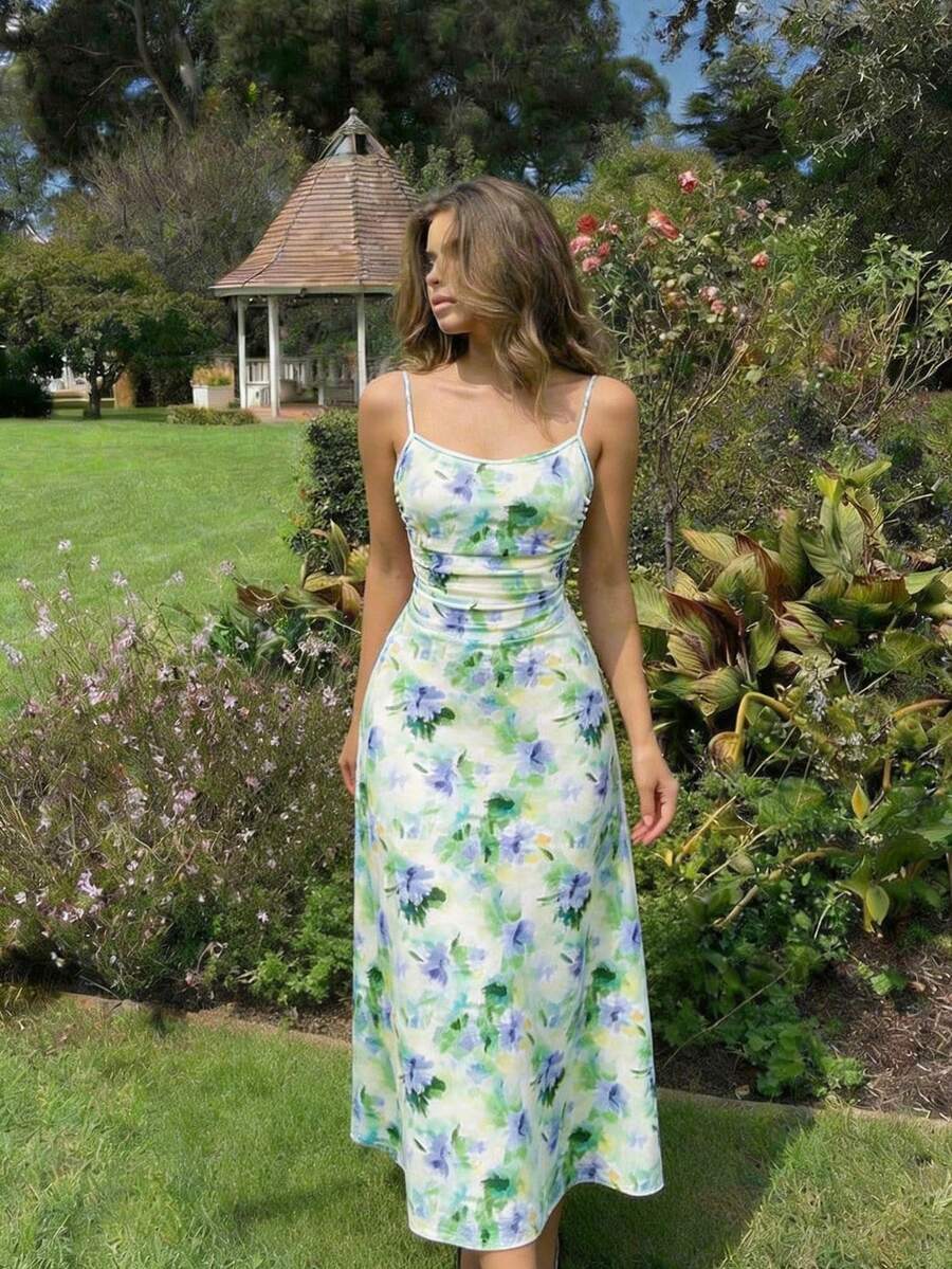 SHEIN MOD 大码女式玫瑰粉色印花长款连衣裙，褶皱腰身，喇叭下摆，吊带设计，半正式连衣裙，优雅茶会连衣裙，飘逸邮轮女装 - 綠色 - 查看 1