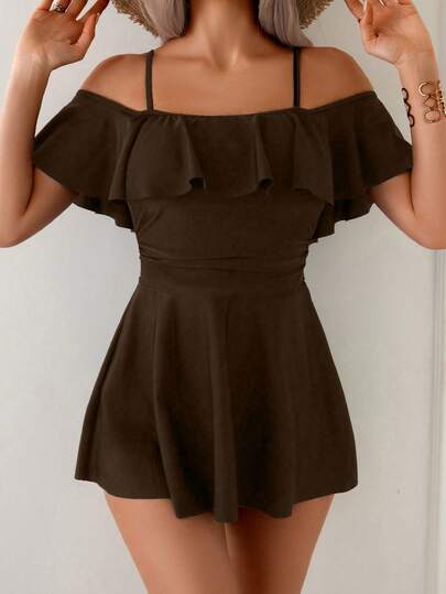 Swim Basics Women's Elegant Sexy Black Ruffled Halter Neck Beach Dress For Summer Vacation