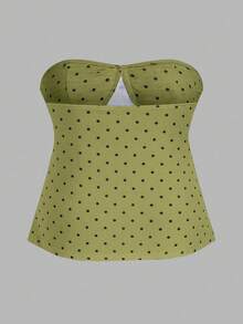 Sweetra Plus Size Retro Romantic Polka Dot Bow Tie Bandeau Top - Green - View 2