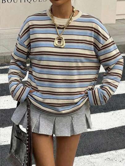 Muchica Women's Casual Retro Striped Long Sleeve T-Shirt, College Style, Women's Daily Wear