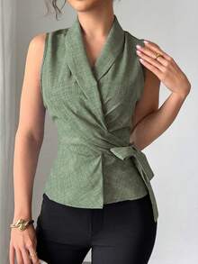 SHEIN Unity Women's Solid Color Wrapped Pleated Sleeveless Blouse, Elegant For Spring And Summer - Olive Green - View 4