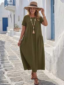 Faunlyn Women's Casual Solid Color Double Pocket Dress - Green - View 3