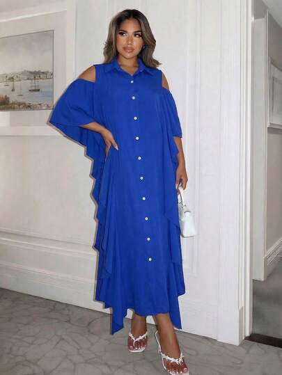 Xyvia Women's Summer Klein Blue Solid Color Shirt Collar Open Front Flounce Shoulder Loose Straight Casual Dress, Suitable For Carnival, Labor Day, Easter, Travel, Vacation, Street Style, Spring/Summer New Fashion Essential, Minimalist Design, Versatile Casual Resort Style Summer Dress