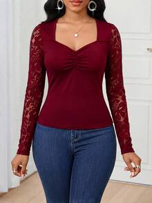 SHEIN Lady Women's Lace Patchwork Ruffle Fitted Casual Long Sleeve T-Shirt - Burgundy - View 5